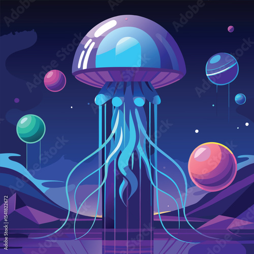 Vibrant illustration of a glowing alien jellyfish floating in a surreal, cosmic landscape