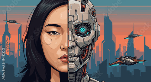 Woman half human half robot futuristic city illustration