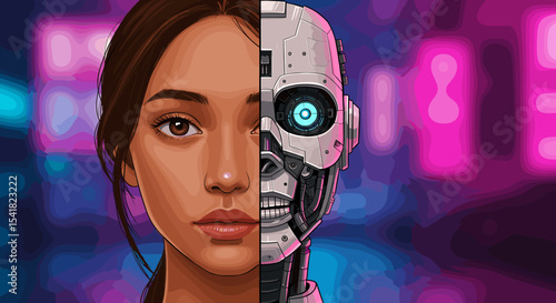 Woman robot half face graphic art