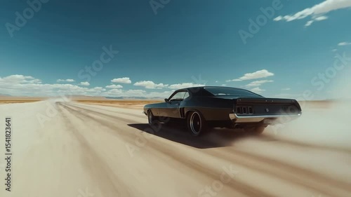 Classic Muscle Car Drifting on Desert Road: A High-Speed Action Scene Under a Clear Sky