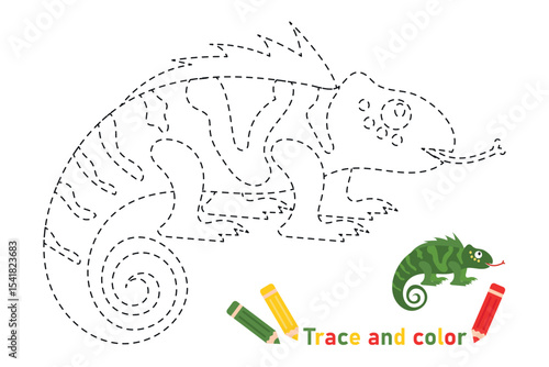 Chameleon coloring page, tracing for kids. Vector illustration of african reptile for print