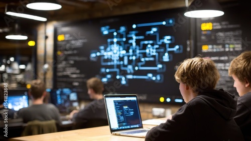 Students collaborating on laptops in a modern classroom setting