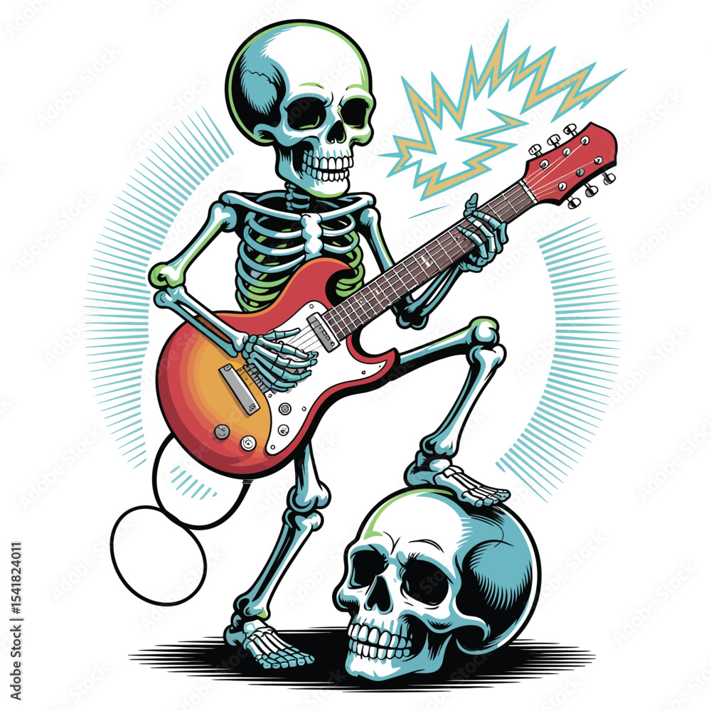 Fototapeta premium A fun skeleton playing electric guitar with one foot on a skull in vector art on white background