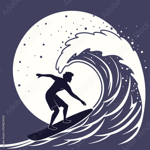 Silhouette of a surfer riding a wave — dynamic ocean vector featuring surfing action, crashing waves, and beach vibes, perfect for sports themes, summer designs, coastal graphics.