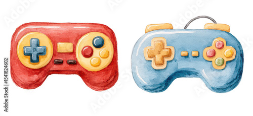 Two colorful video game controllers