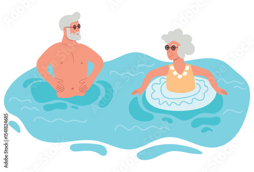 Elderly couple in the pool enjoying their vacation in transparent blue pool