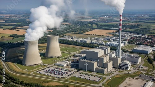 Wallpaper Mural Aerial View of a Large Coal Fired Power Plant Featuring a Tall Chimney Emitting White Smoke Two Cooling Towers Under a Clear Sky in an Industrial Area Torontodigital.ca