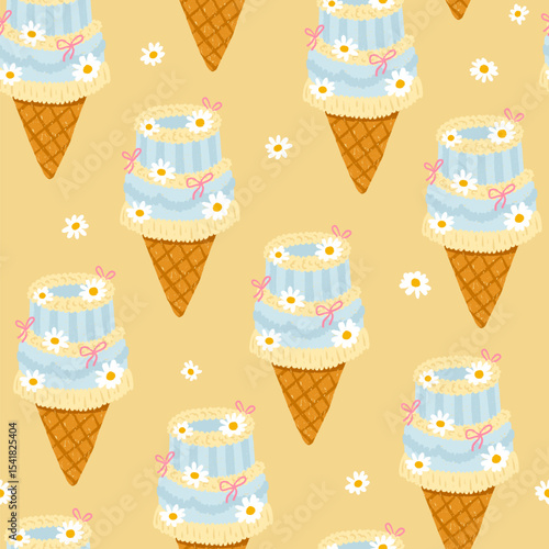 Cute seamless vector pattern with vintage mini bento cake ice cream cones decorated with chamomile flowers and flirty bows in pastel summer style. Hand-drawn crayon texture, perfect for packaging