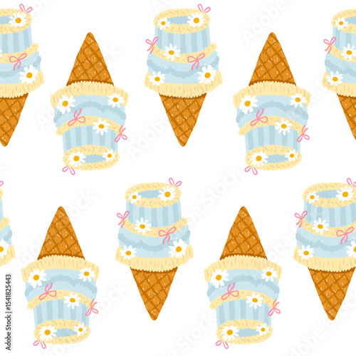 Cute seamless vector pattern with vintage mini bento cake ice cream cones decorated with chamomile flowers and flirty bows in pastel summer style. Hand-drawn crayon texture, perfect for packaging
