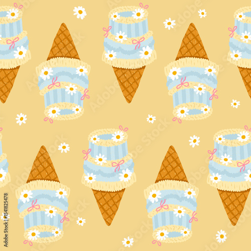 Cute seamless vector pattern with vintage mini bento cake ice cream cones decorated with chamomile flowers and flirty bows in pastel summer style. Hand-drawn crayon texture, perfect for packaging