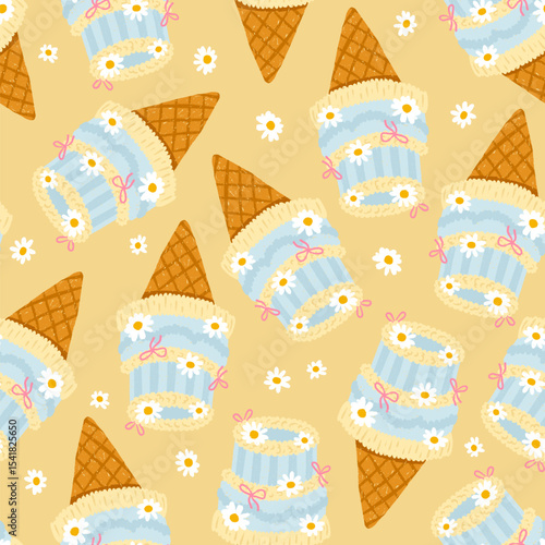 Cute seamless vector pattern with vintage mini bento cake ice cream cones decorated with chamomile flowers and flirty bows in pastel summer style. Hand-drawn crayon texture, perfect for packaging