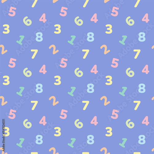 Colorful Numbers Seamless Pattern on Pastel Blue Background. math ornament for kids. Vector illustration
