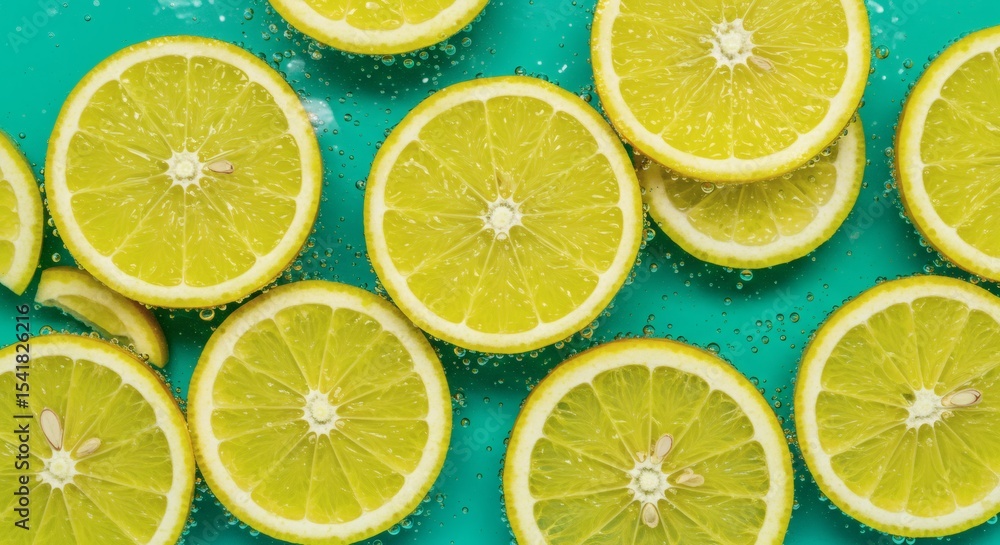 Fototapeta premium Bright citrus slices in aqua water with bubbly foam, a playful and vibrant flat lay representing freshness, tropical flavors, and cool summer vibes with crisp textures and high contrast colors.