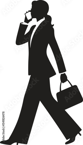 Silhouette Businesswoman on Phone. Communication, client call, multitasking, female leader icons. Vector Illustration on White Background