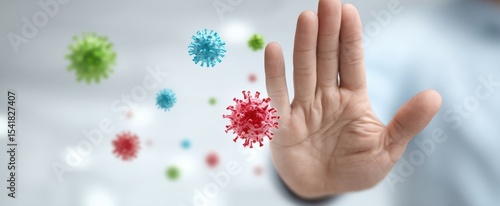 The hand stopping the spread of viruses and promoting health awareness.