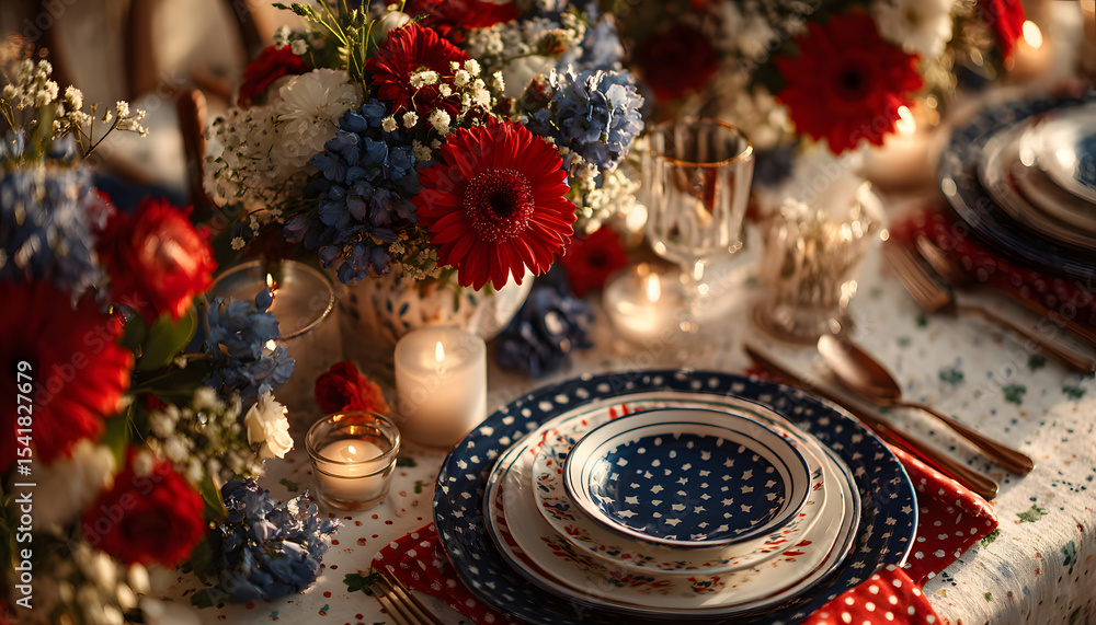 American bunting concept. Festive table setting with patriotic decorations and tableware. American bunting concept. Festive table setting with patriotic decorations and tableware.
