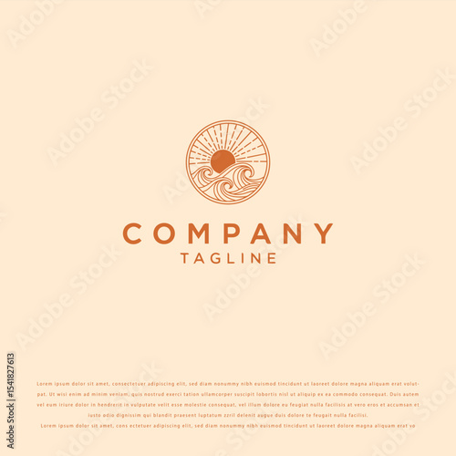  Minimalist Logo with Orange Line-Art Sun and Ocean Waves in Circular Frame on Light Beige Background