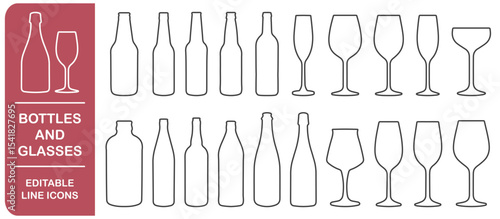 Set of different wine glasses and beer bottles icon symbols. Editable stroke line icons collection. Vector illustration image. Wine glass and bottles silhouette shape sign. Isolated on white 