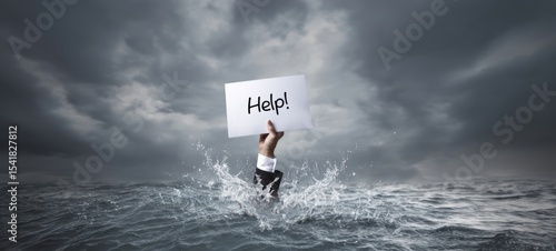 The desperate hand reaching for help in a turbulent sea under stormy skies.