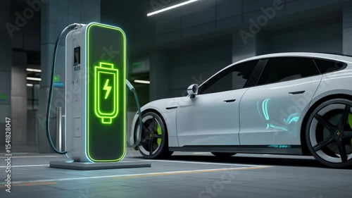 A sleek white electric vehicle (EV) parked next to a charging station in parking garage. A seamless looping video of digital media suitable for use as a wallpaper.