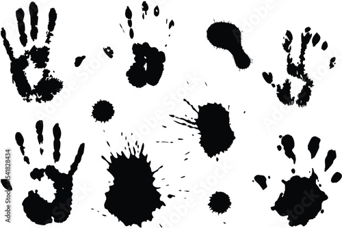 Black handprints and blots create a artistic pattern on a stark white canvas