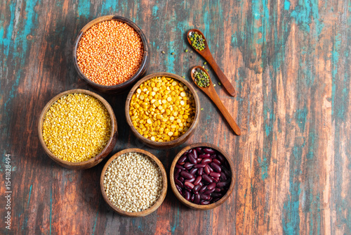 various Indian lentils and beans including masoor dal, moong dal, urad dal (with and without skin), moong whole, chana dal, and rajma, beautifully arranged in bowls on a marble surface 