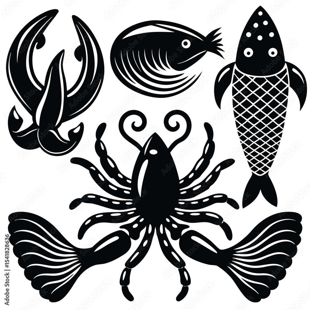 Obraz premium fish, seafood, illustration, Minimalist Fish Silhouette, black and white, monochrome, vector on white background