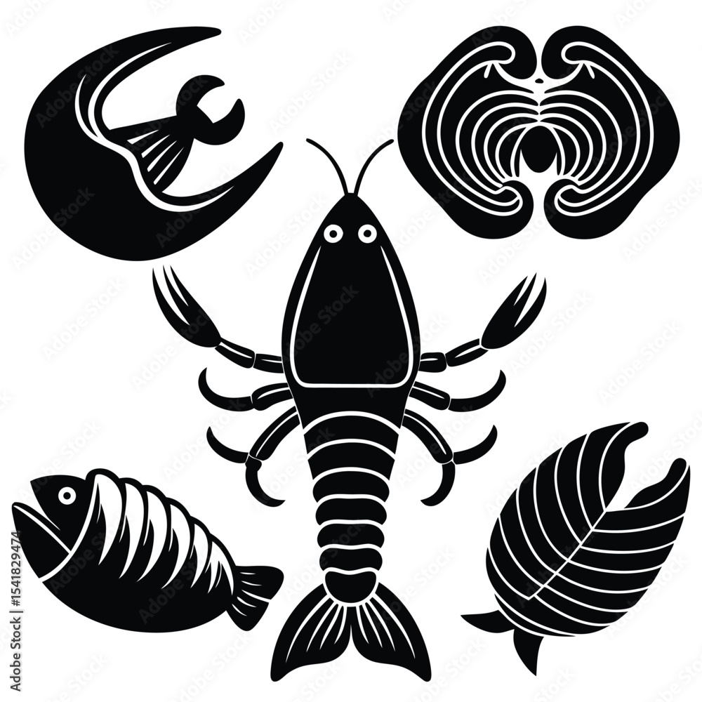 Obraz premium Fish and Seafood Vector Illustration Set, Monochrome Ocean Creature Designs, Fish Silhouette Collection