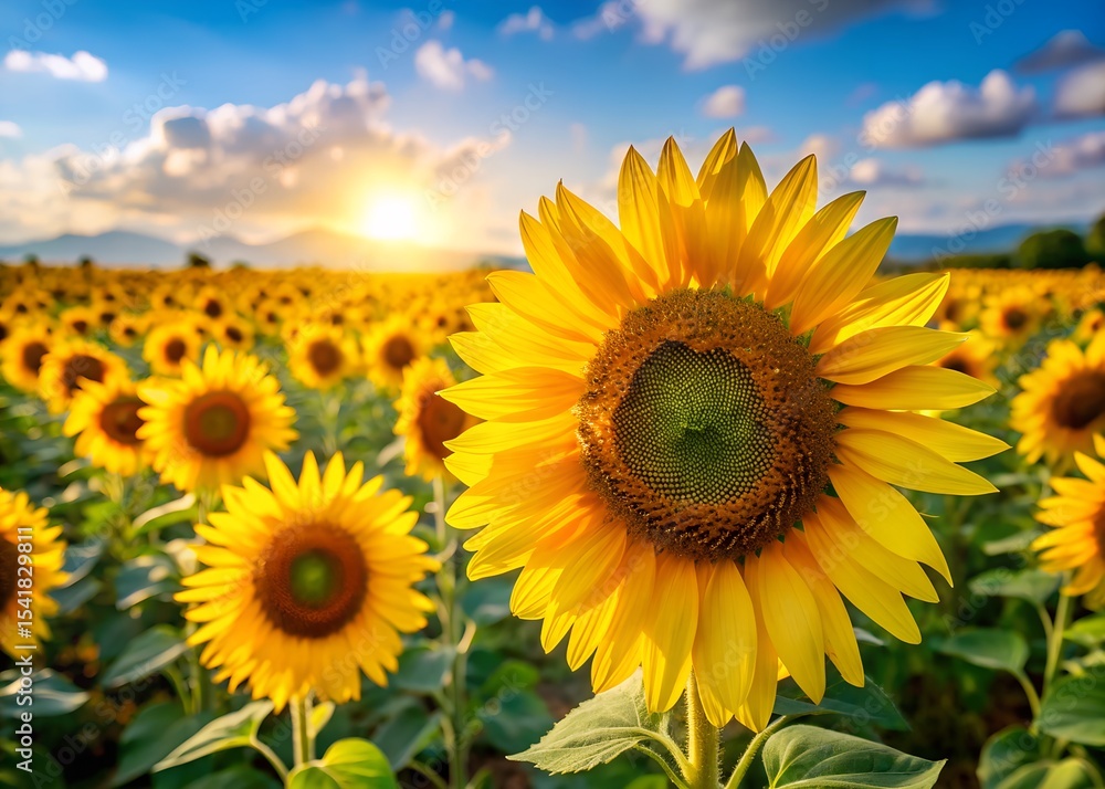 Fototapeta premium Close-up of blooming sunflowers in a bright field