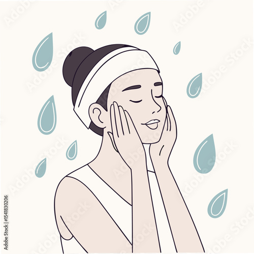 Serene Asian woman gently touches her face surrounded by stylized water droplets showing a fresh complexion