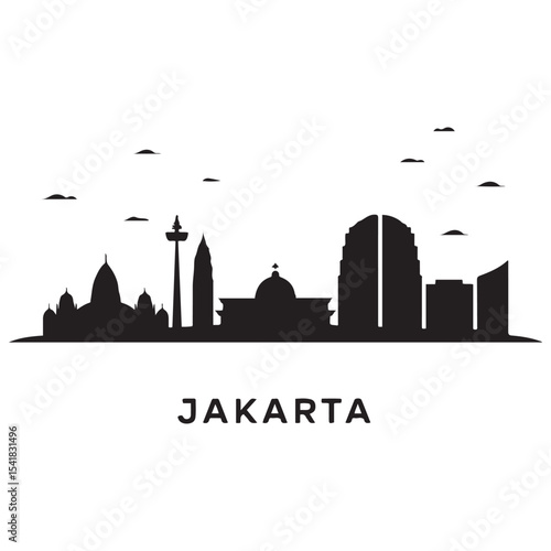 Vector Jakarta skyline. Travel Jakarta famous landmarks. Business and tourism concept for presentation, banner, web site. Vector black silhouette. with white background