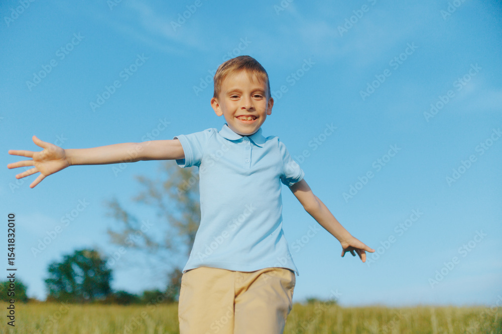Running child jumps in sunlight, front view full of joy and freedom Running child jumps in sunlight, front view full of joy and freedom