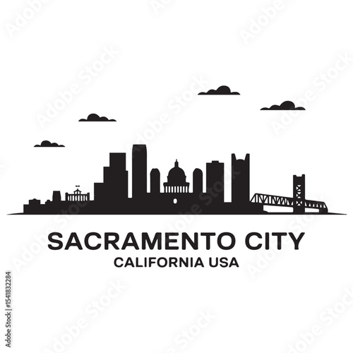 Sacramento city skyline horizontal banner.  Sacramento city, California USA. Vector template for your design. Vector black silhouette. with white background