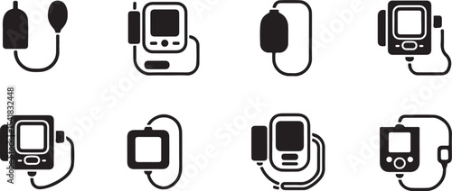 Eight black icons of blood pressure monitors