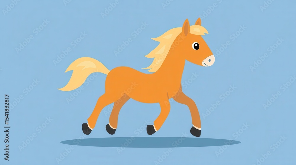 Fototapeta premium Cute orange horse running on a light blue background.