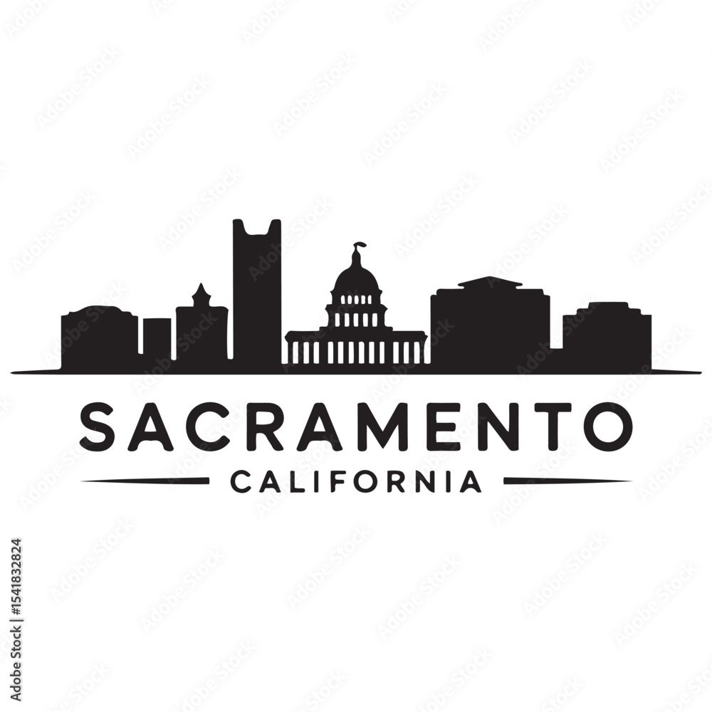 Obraz premium Sacramento city skyline horizontal banner. Sacramento city, California USA. Vector template for your design. Vector black silhouette. with white background