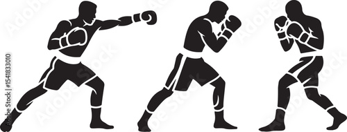 Three silhouettes of boxers in action poses