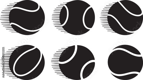 Six black tennis balls in motion graphic design
