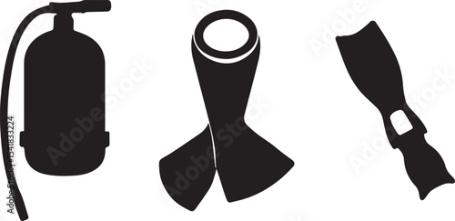 Scuba Diving Equipment Icons Tank, Fins, and Regulator Silhouettes
