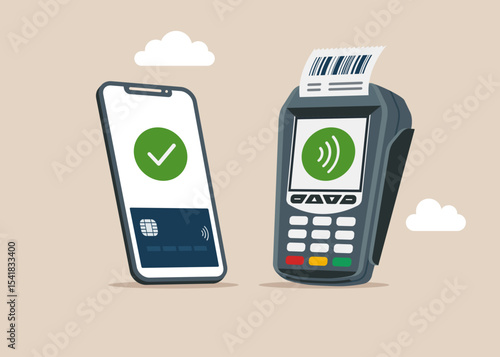 Using a card reader alongside a smartphone for effortless mobile payment. Confirms the payment by debit credit card, money, security. Flat vector illustration
