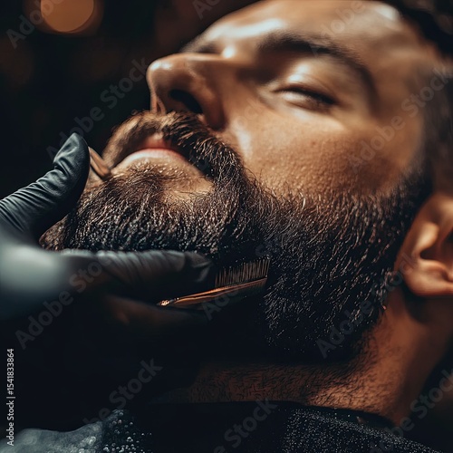 Master makes beards correction in barbershop salon. Close up photo.