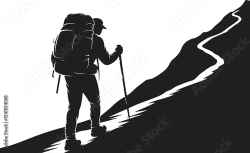 Silhouette of Mountain Climber. Adventure, risk, outdoors, hike, challenge. Vector illustration on white background