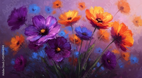 Colorful floral painting with purple and orange flowers