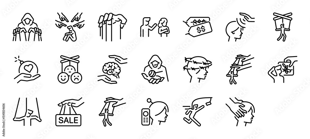 Set of Manipulation vector stroke icons. such as Mind, Mental, Control, Marriage, Offer, Behavier, Dark Psychology, Wavering In Mind, Marketing, Hand, Bait, illustration. Set of Manipulation vector stroke icons. such as Mind, Mental, Control, Marriage, Offer, Behavier, Dark Psychology, Wavering In Mind, Marketing, Hand, Bait, illustration.