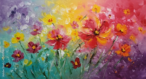 Colorful floral painting with vibrant flowers and textured brushstrokes