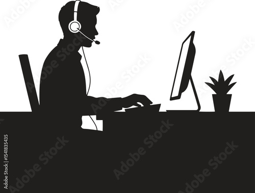 Silhouette Remote Worker with Headset. Customer service, telework, call center, support. Vector Illustration on White Background