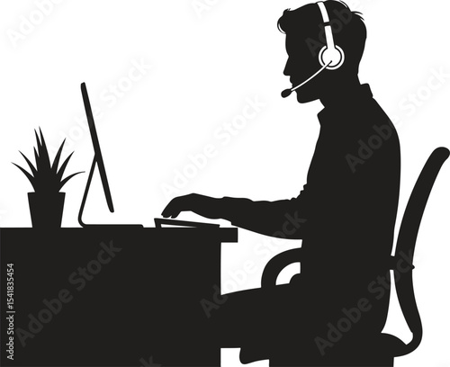 Silhouette Remote Worker with Headset. Customer service, telework, call center, support. Vector Illustration on White Background