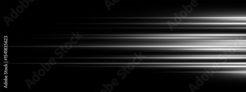 White speed light trail with neon glow and silver blur on black background. Futuristic plasma beam effect with energy flare and motion streak. Tech posters or digital design vector illustration.