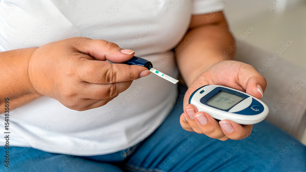 Fototapeta premium Overweight woman testing blood sugar for weight-loss health tracking