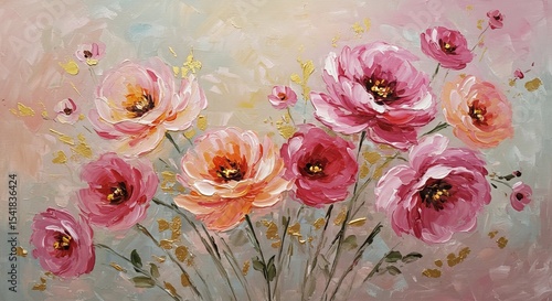 Floral painting with pink and orange flowers on canvas